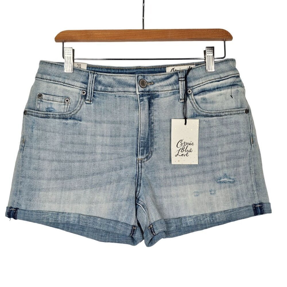 Cosmic Blue Love Womens Denim Shorts Mid Rise Size 27 Light Wash Distressed NWT